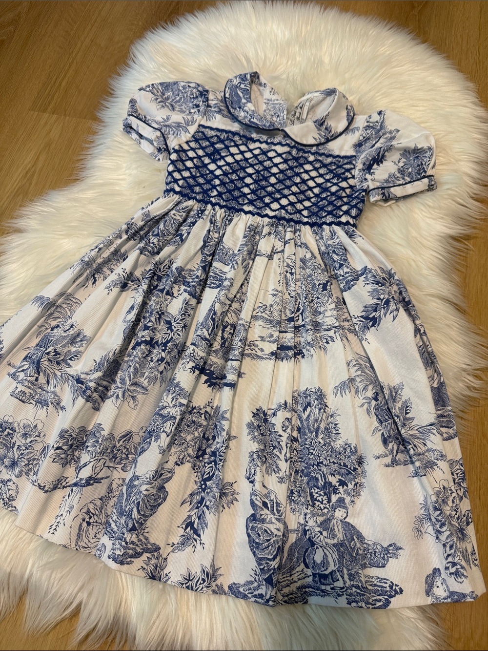 Classic Blue and White Smocked Girls' Formal Dress